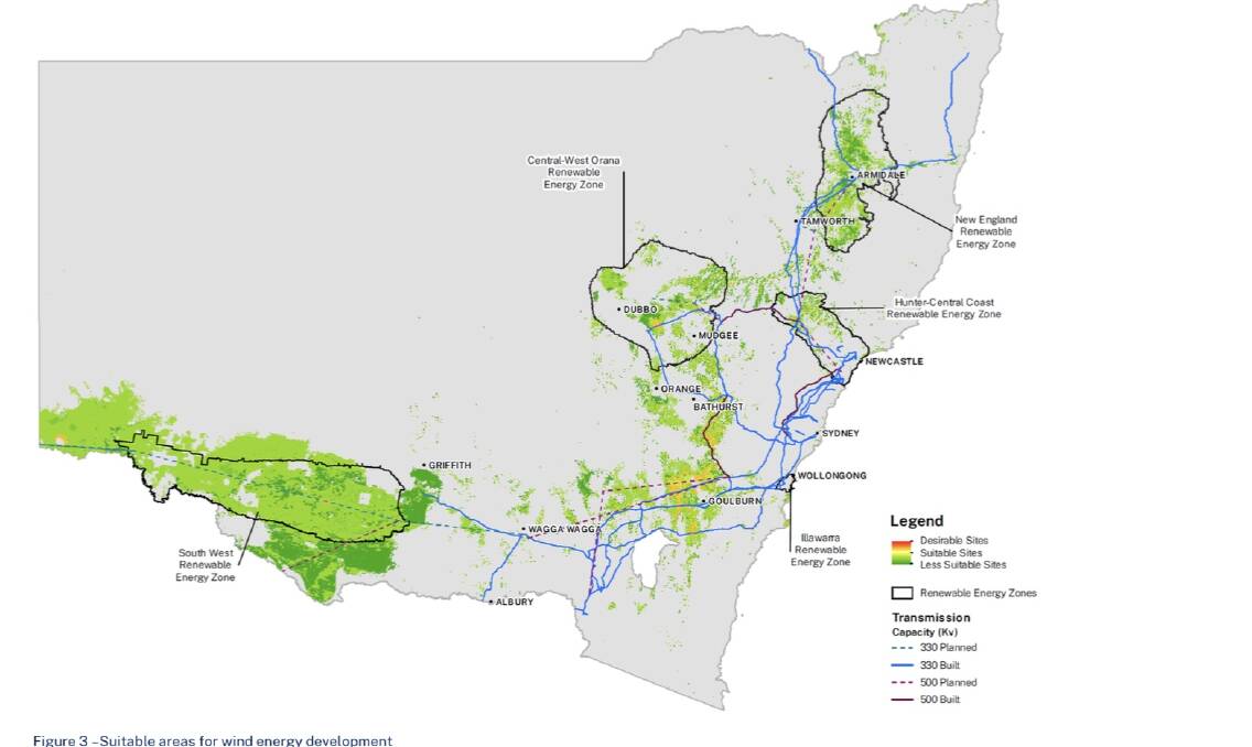 A map overlaid within the new NSW Dept of Planning draft guidelines depicts the New England zone as ''less suitable' for wind projects. Source NSW Dept of Planning