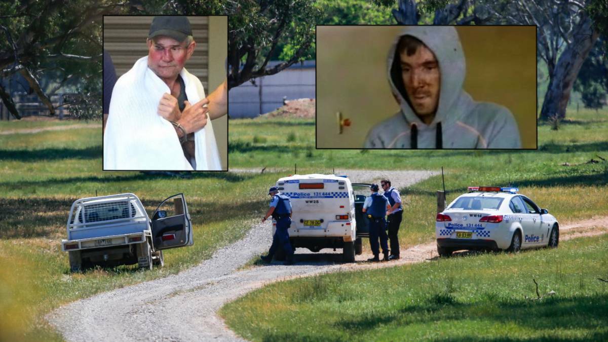 Sentence: Police in a paddock during the manhunt in October, 2015, to catch Mark Stocco, pictured right, and Gino Stocco, left. Photos: Mark Jesser, David Moir, Channel 9