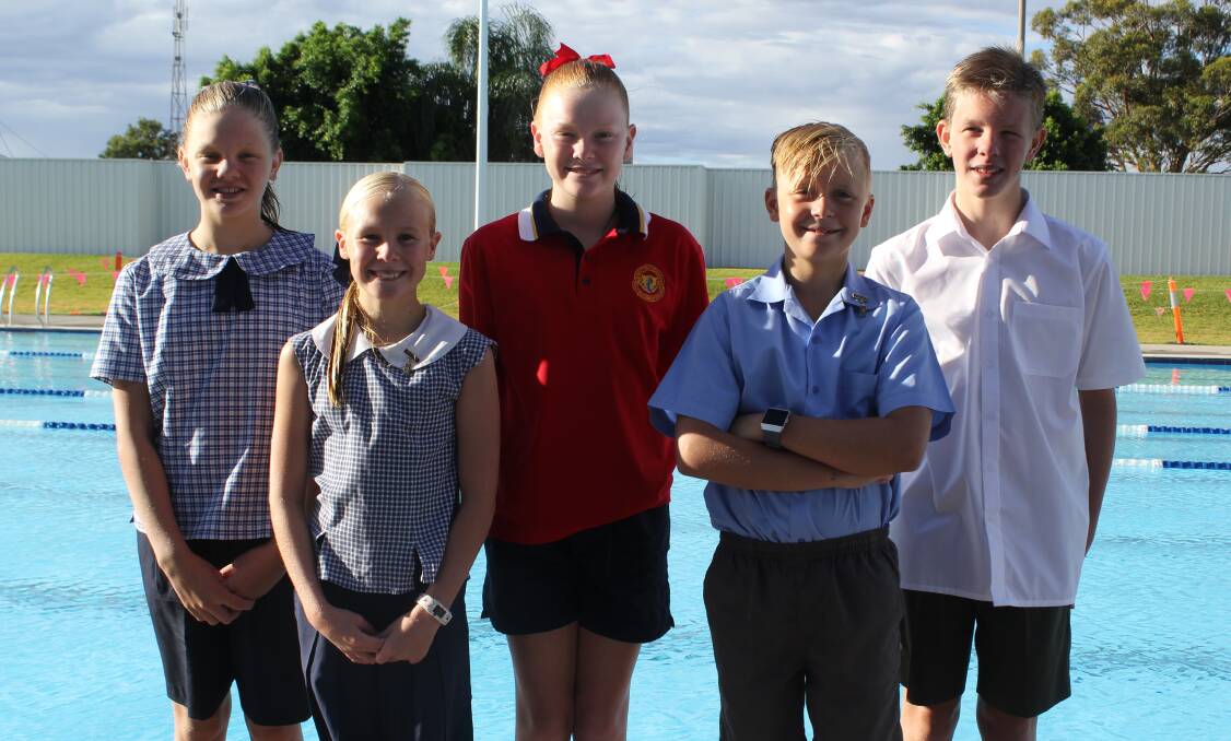 REPRESENTATIVES: Moree swimmers Ava Macey, Chloe and Gabbie Elbourne, Ben Di Donna and Alex Macey are heading to Sydney this weekend.