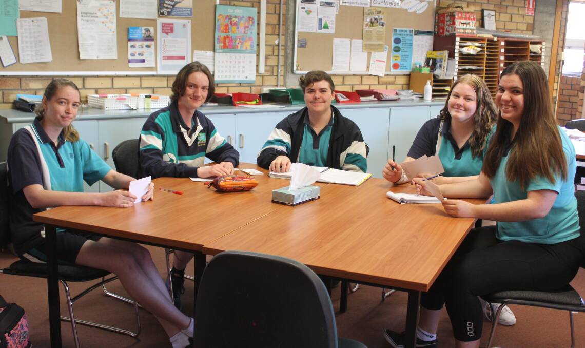 READY: Moree Secondary College year 12 students Jessica Chittenden, Brennan Cumberland, Josh Wilson, Ashlee Moore and Grace Carter get in some last-minute study ahead of their first English exam next Tuesday.