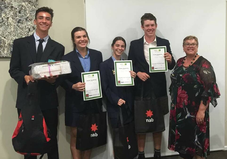 Moree Lions Youth of the Year entrants Christopher Sim, Grace Carter, Alliyah Davison and Oscar Davis with chairperson Jo Horton.