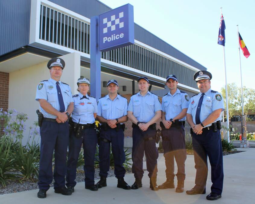 FIRST DAY: New England Police District Commander Superintendent Scott Tanner, District Inspector Cheryl Day and Moree Police Station officer-in-charge Inspector Martin Burke (right) welcome the three new probationary constables, Jordan Casper, Harley Griffith and Ethan Hughes to Moree.