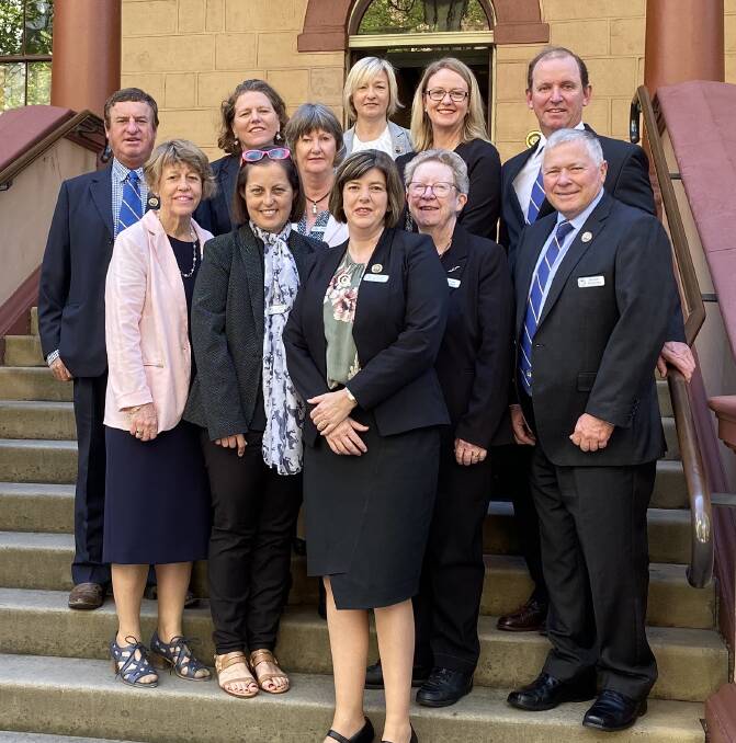 ICPA NSW State Council - (back) David Butler, Skye Bragg, Deb Castle, Tanya Mitchell, Tim Fletcher, (front) Libby McPhee, Gabie Le Lievre, Annabel Strachan, president Claire Butler, Irene Lund, and Bruce Paynter - pictured on the steps of Parliament House in Sydney in October 2019. Photo: contributed
