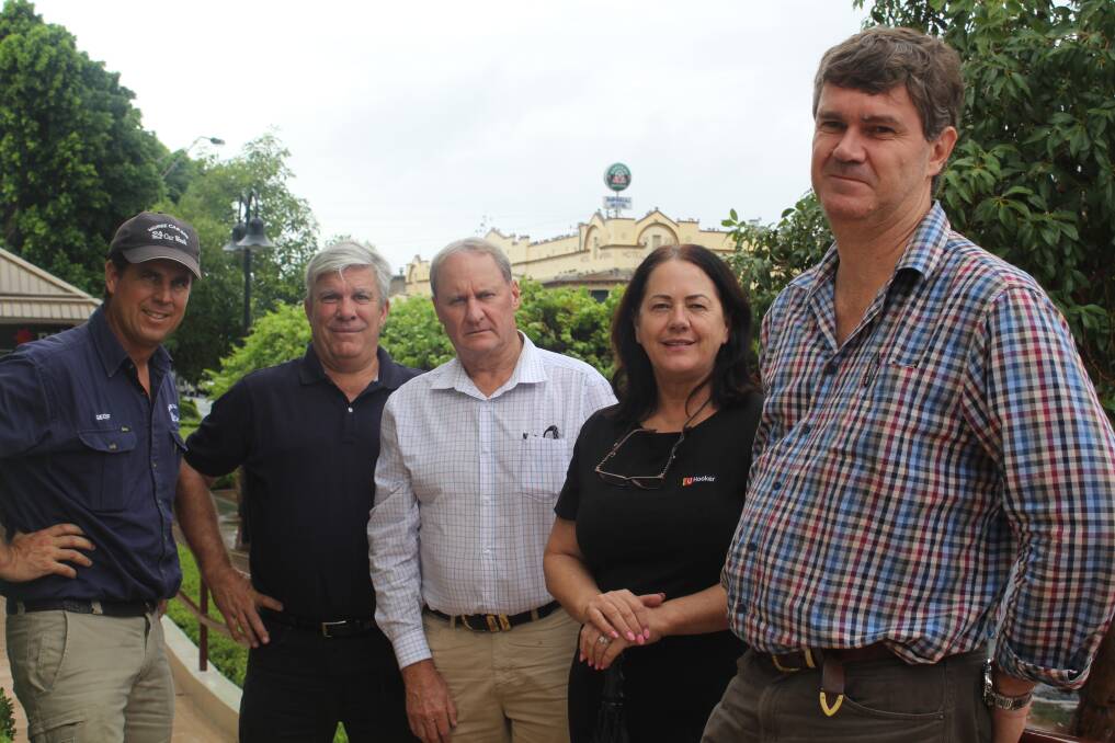 ENOUGH'S ENOUGH: Moree Car Spa's Geoff Manchee, Moree Chamber of Commerce president Murray Hartin, Harborne Financial Services' Mark Harborne, LJ Hooker's Debbie Williams and Stephen Sparke from Stephen Sparke Jewellers want to see something done about the pigeons which are wreaking havoc in town. 