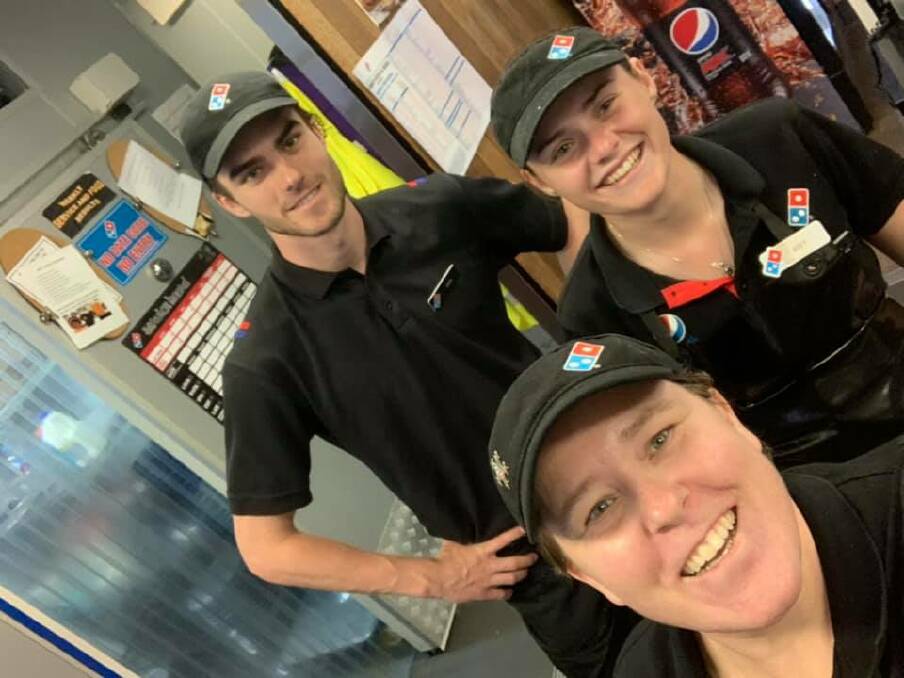 Domino's Moree owner Jill Adams with year 12 students and team members Jack Montgomery and Amy Egan. Photo: Domino's Moree