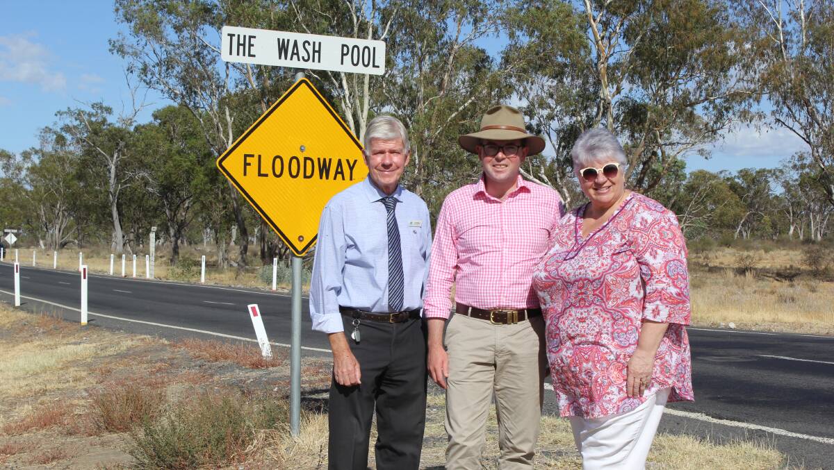 Moree Plains Shire Council director of engineering Ian Dinham, Northern Tablelands MP Adam Marshall and Moree mayor Katrina Humphries at the Washpool on the Gwydir Highway.