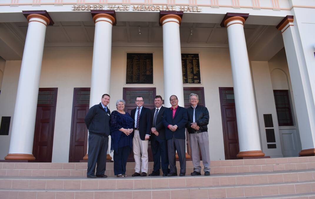WIN: MPSC economic and community development manager Mark Connolly, mayor Katrina Humphries, Northern Tablelands MP Adam Marshall, MPSC general manager Lester Rodgers, and councillors George Chiu and John Tramby on the steps of the Moree Civic Precinct.