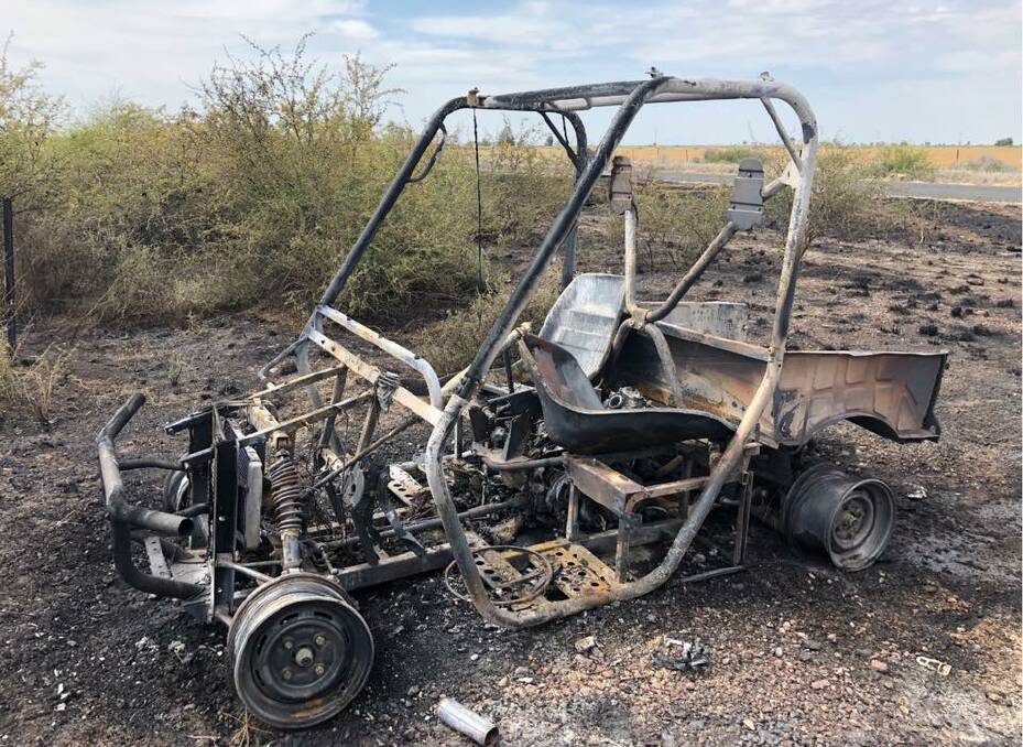 DESTROYED: This Yamaha Rhino ATV was dumped and set alight after being stolen from a property about 10km south of Moree.