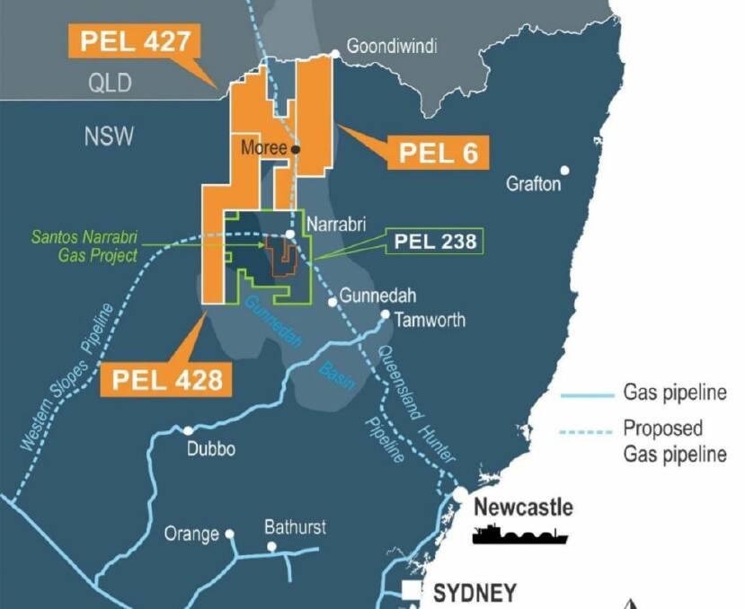 Comet Ridge's NSW acreage position highlighted in orange, to the north and west of the Narrabri Gas Project. Photo: Comet Ridge
