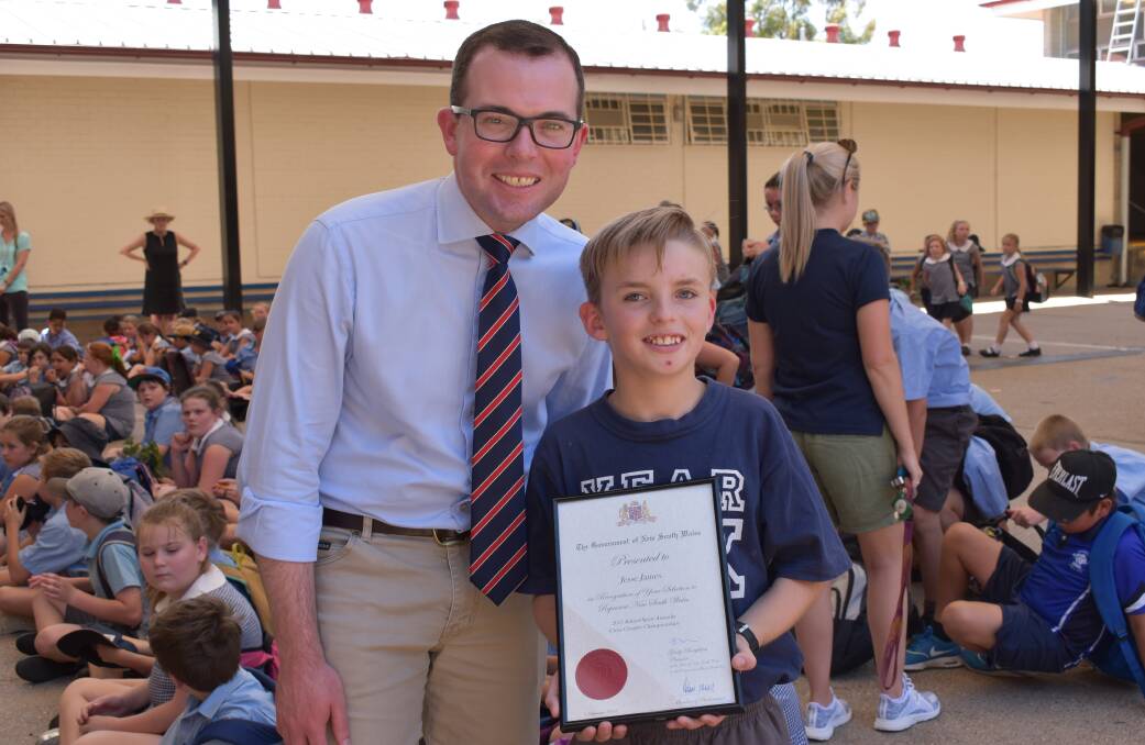 Northern Tablelands MP Adam Marshall with Jesse James at Moree Public School on Wednesday.