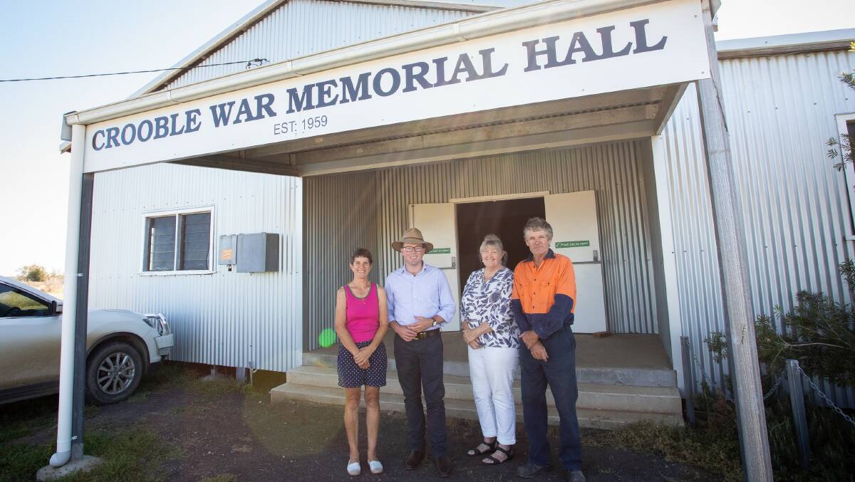 Crooble War Memorial Hall committee members celebrate its cool funding win, Meredith Miller, Northern Tablelands MP Adam Marshall, Janny Cruikshank and Treasurer Gary Whibley. Note - This photo was taken a number of weeks ago, before the current COVID-19 social gathering/distancing restrictions.
