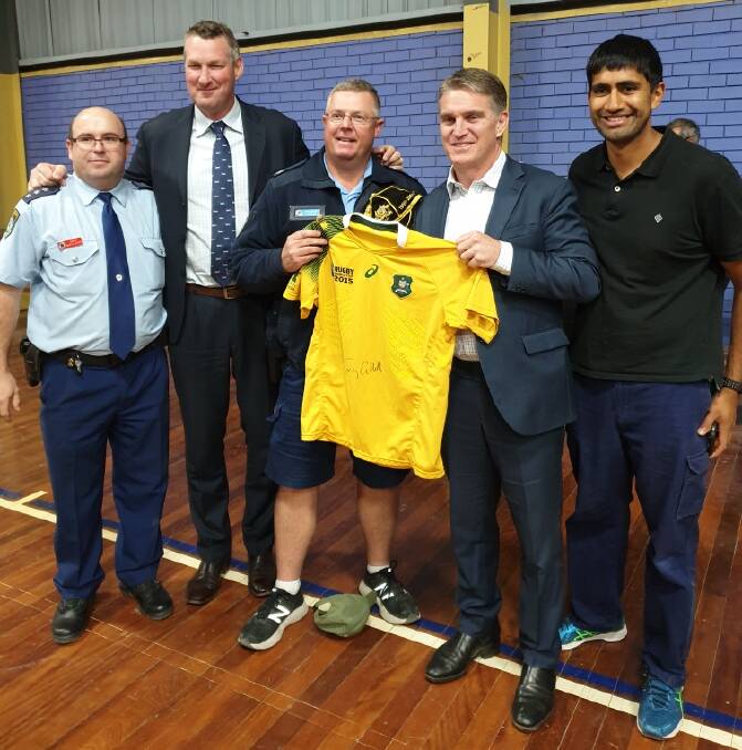 Moree Police officer-in-charge Inspector Martin Burke, former Wallaby and Classic Wallabies general manager Justin Harrison, Moree PCYC Senior Constable Jason Coakes, former Wallaby Tim Horan, Moree Salvation Army's Jason Poutawa.
