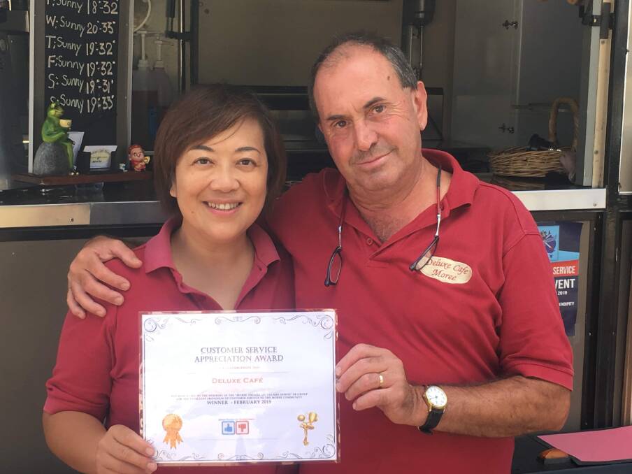 COMMUNITY-MINDED: Deluxe Café Moree owners Cindy and Bill Poulos received the February Customer Service Appreciation Award.