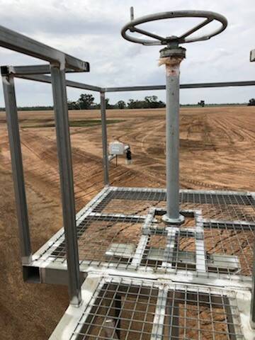 Existing storage meter on an empty storage dam in Moree which will be used under the future licencing program to calculate floodplain harvesting take during flood. Photo: supplied