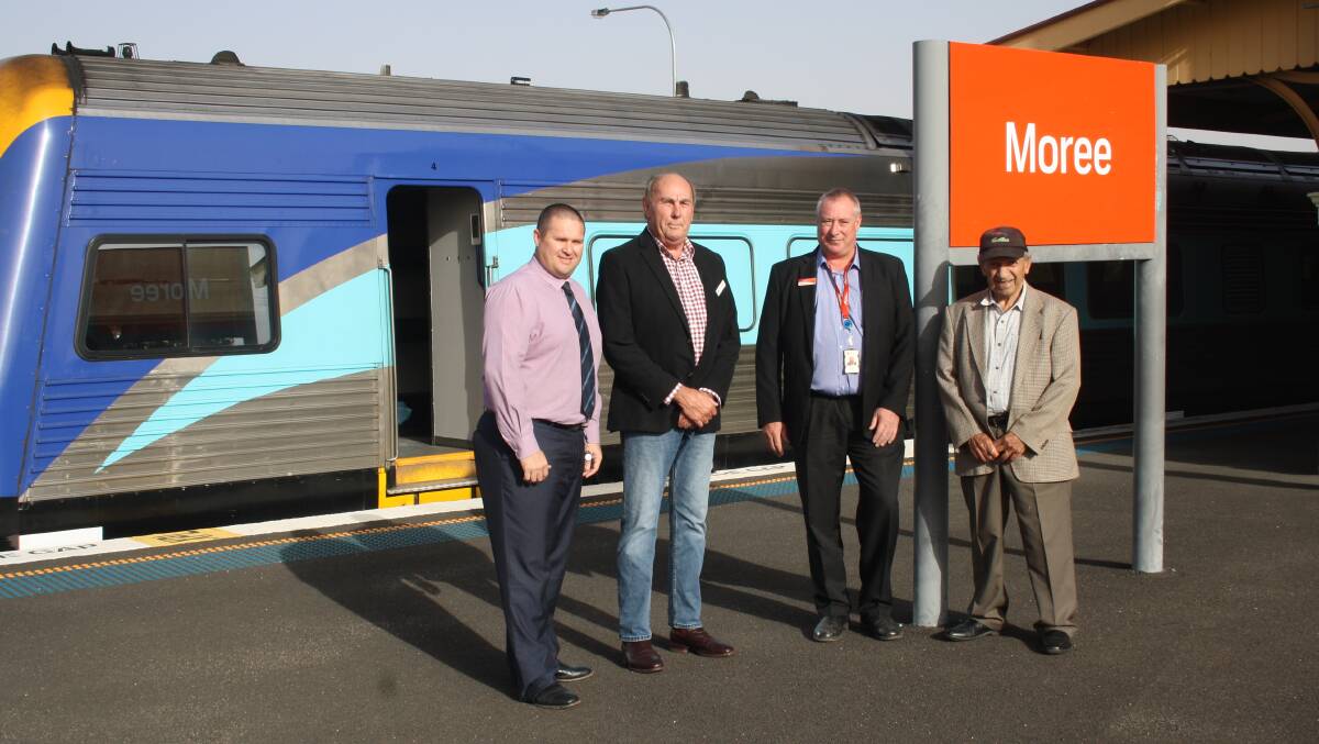 Moree Plains Shire Council director of corporate services Mitchell Johnson, councillor Jim Crawford, NSW TrainLink area manager Robert Blanch, and Aboriginal elder and retired rail service employee Lloyd Benge. Photo: Raquel Clarke