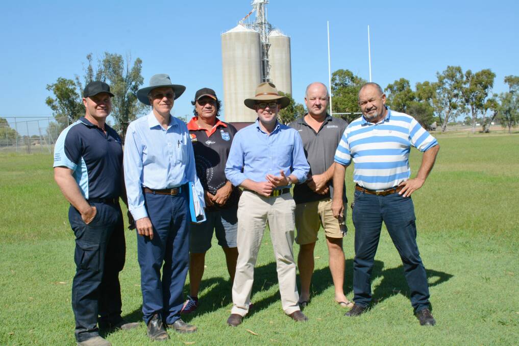 SPORTING WIN: Andrew Williams, MPSC executive projects manager John Carleton, Macintyre Warriors Rugby League Football vice president Dennis Dennison, Northern Tablelands MP Adam Marshall, Warriors president Tony Gerry and Carl McGrady announce funding for lighting of the Boggabilla Sportsground,.