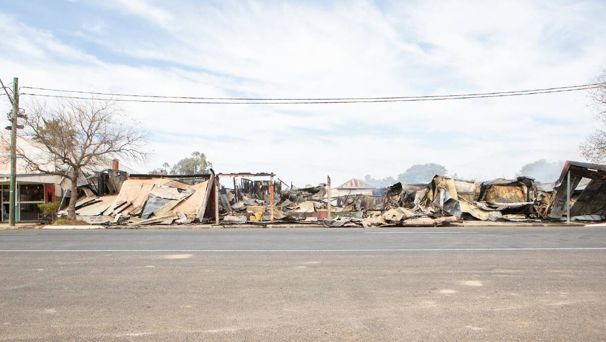 The burnt remains of the three businesses which were destroyed by fire last Tuesday. Photo: Simon Scott Photography