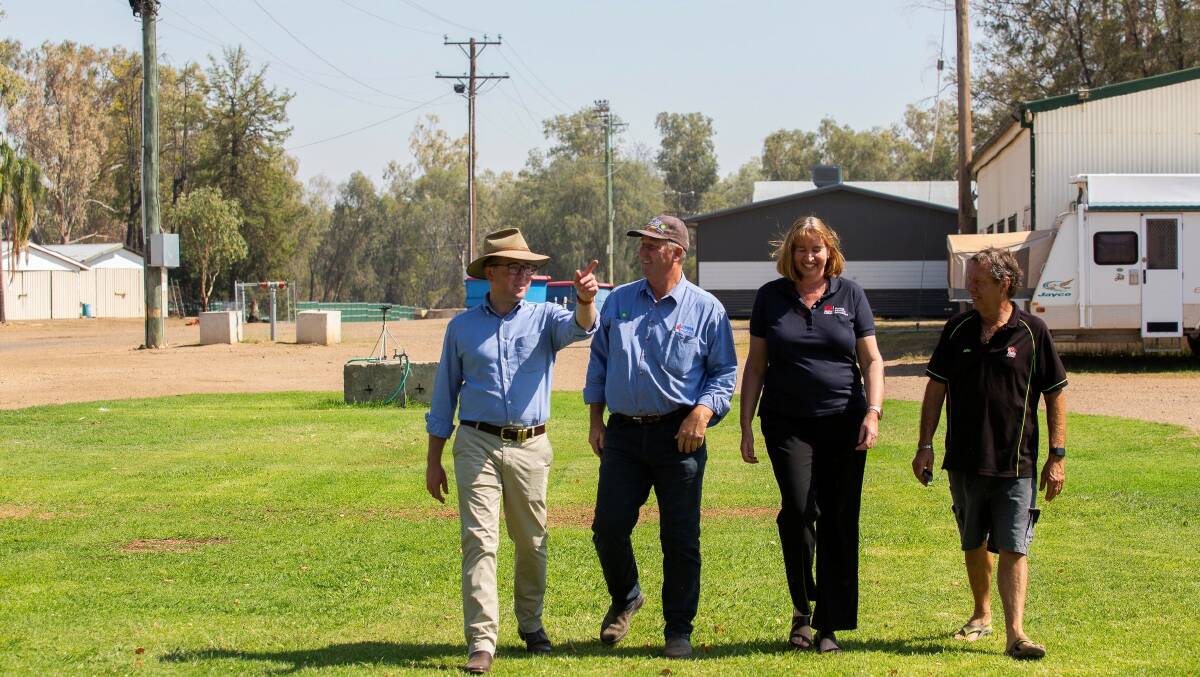 Northern Tablelands MP Adam Marshall, Moree Show Society president Brendan Munn, NSW Crown Lands' Michelle Chittenden and showground caretaker John Girling discuss the security upgrades which are on the way for Moree Showground. 