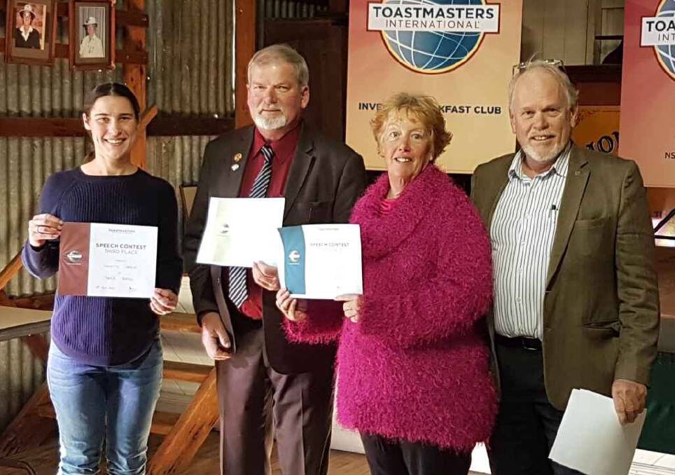 MOREE REPRESENT: Area 18 director Greg Moran (right) with the Table Topics winners - Annette Hadley (third), Bruce George (second) and Wendy Baldwin (first).