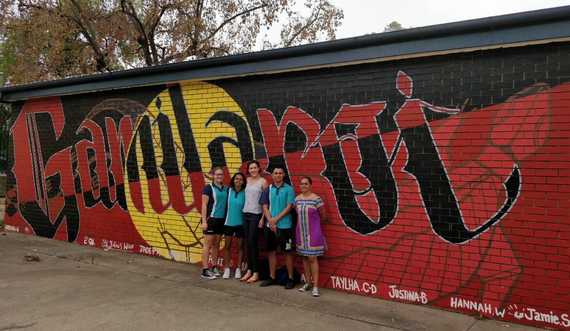BAMM director Vivien Clyne (centre) thanked Dakota Ayre, Kiara, Malu French, and Moree Secondary College's Janine French for their contribution to the mural. A number of students who participated in the mural program have since graduated.

 