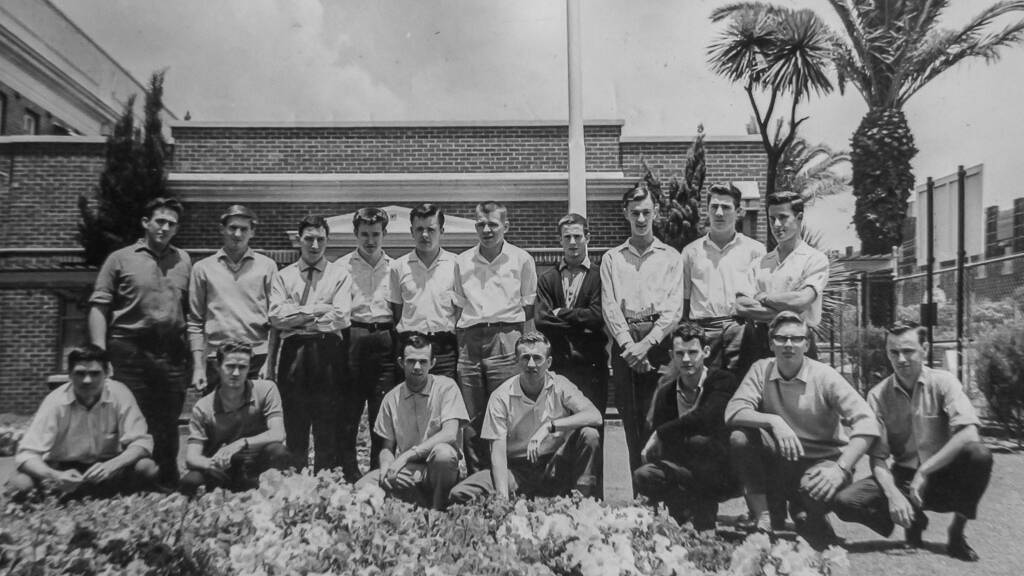 John Eades (bottom row, second from right) pictured with his class in their last year of training school in 1963.