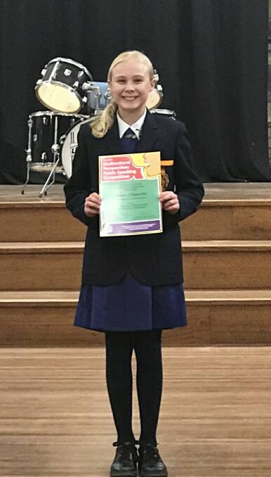 TOP SPEAKER: Chloe Elbourne won the years five and six inter-regional NSW Multicultural Perspectives Public Speaking competition at Nambucca Heads at the end of August and will now head to the state final in Sydney in November.
