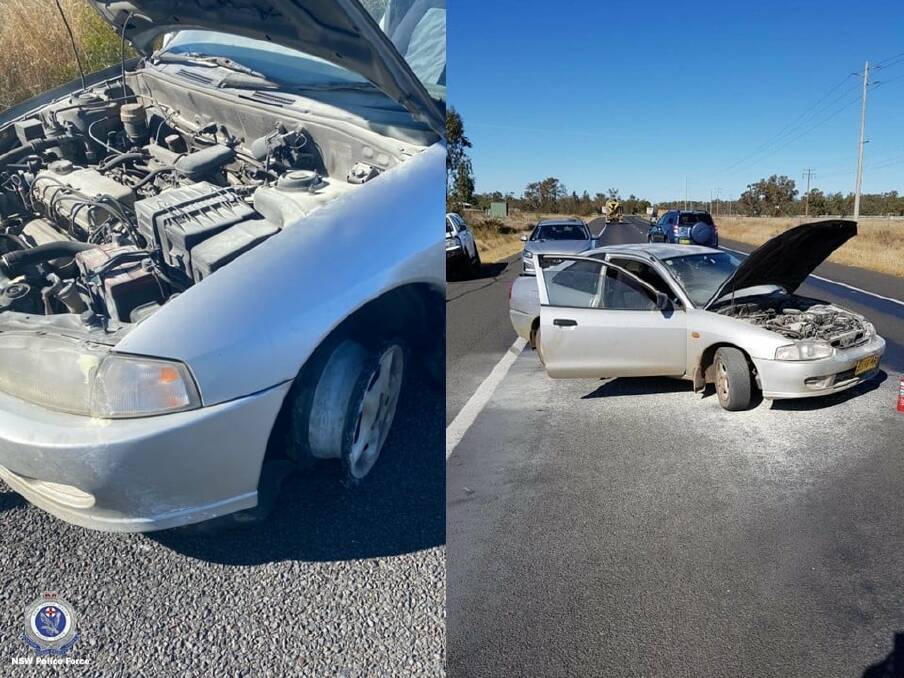 The silver Mitsubishi Lancer sedan caught on fire and lost a tyre during a police pursuit in Moree on Thursday. Photo: NSW Police
