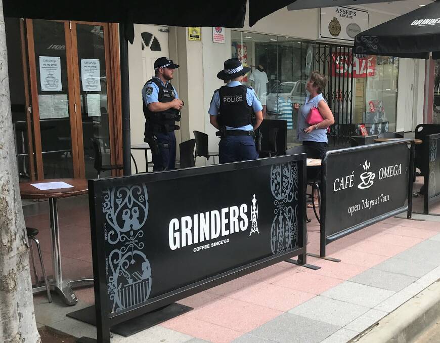 Local police have been out and about ensuring the community adheres to social distancing rules. They have also been speaking with cafes and restaurants, encouraging them to remove or tape off outdoor tables and chairs to reduce the temptation for people to sit and wait for takeaway orders. Photo: Moree police