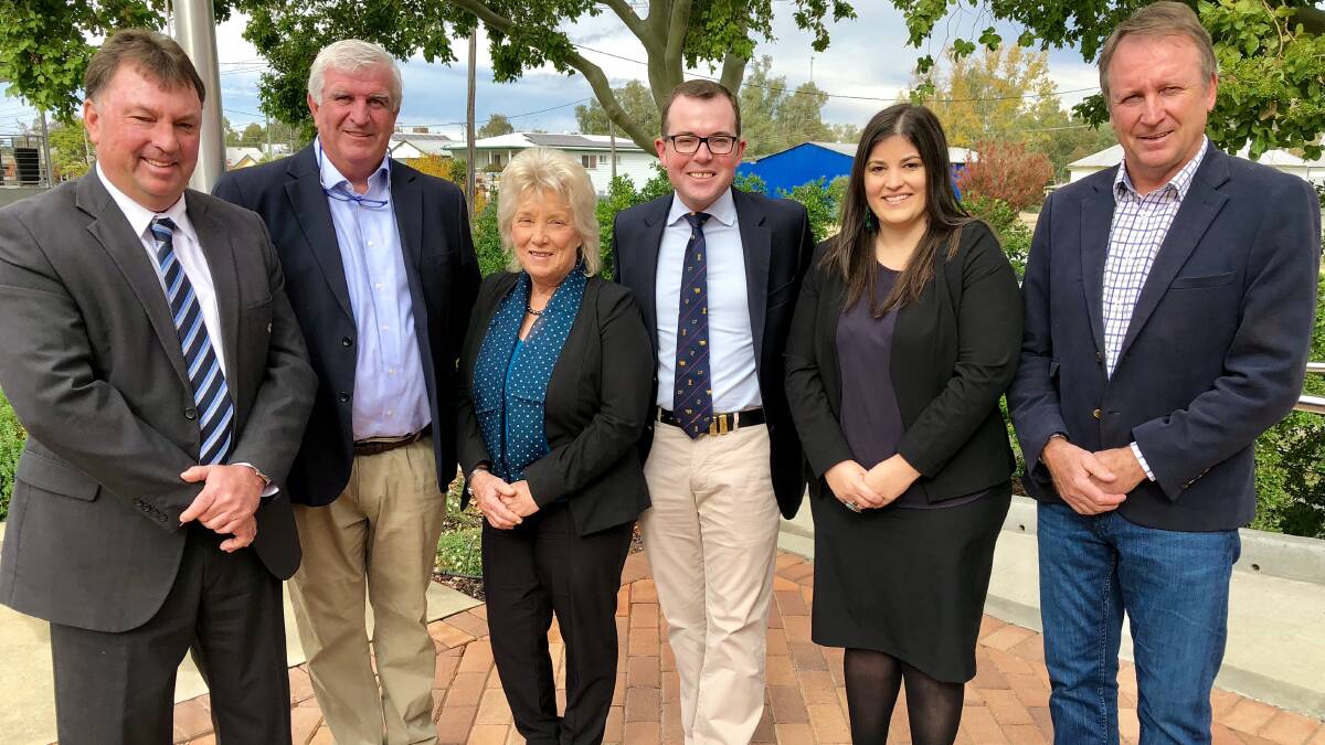 BIG WIN: Moree Plains Shire Council general manager Lester Rodgers, councillor Mike Montgomery, Narrabri Shire Council mayor Cathy Redding, Northern Tablelands MP Adam Marshall, Moree Plains Shire Council’s governance project officer Alice Coburn and Barwon MP Kevin Humphries at the Country Universities centre announcement on Monday.