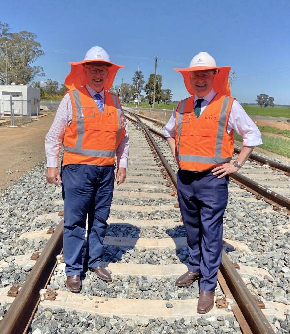 Federal Member for Parkes Mark Coulton and Deputy Prime Minister and Minister for Infrastructure, Transport and Regional Development Michael McCormack marked the completion of the Parkes to Narromine section of Inland Rail last month. Photo: supplied