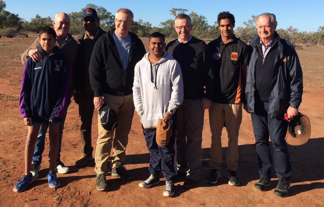 Gerard Neesham, Clontarf Foundation CEO, Col Hardy, Prime Minister Scott Morrison, Member for Parkes Mark Coulton, and Ross Kelly, Clontarf Foundation Chairman, with three Clontarf representatives, on a visit to Bourke in 2017.