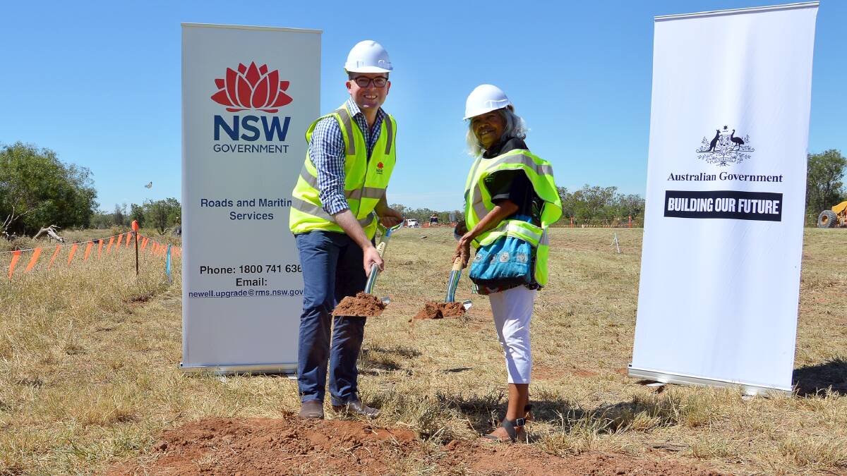 Northern Tablelands MP Adam Marshall and local Aboriginal Elder Aunty Elaine Edwards turn the first sods of soil on the $122 million Newell Highway upgrade project, south of Boggabilla.