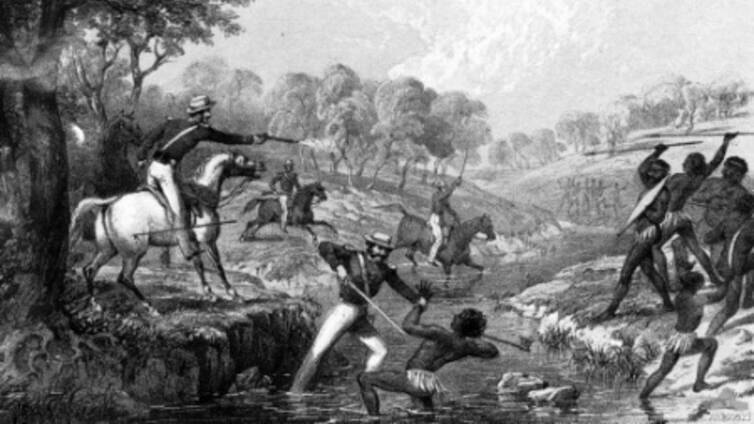 MASSACRE: This drawing, 'Mounted Police and Blacks', by Godfrey Charles Mundy depicts the killing of Aboriginal people by British troops at Slaughterhouse Creek on January 26, 1838.