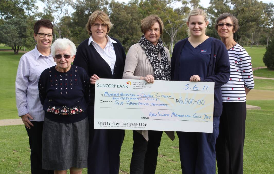 DONATION: Ken Slack's wife Joclyn (third from right) and daughter Emily (second from right) present a cheque for $6,000 to (l-r) Moree Hospital health service manager Bronwyn Cosh, Moree Cancer Support Group's Val McClennan, Moree Hospital maternity unit manager Barbara Schultz and Moree Cancer Support Group's Carol Kristensen.
