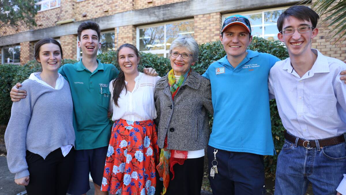 Nora Carrigan (third from right) caught up with former Moree Secondary College students Celine Depczynski, Liam Bruno, Bernadette Quirk, Luke Cubis and Ben Clark.