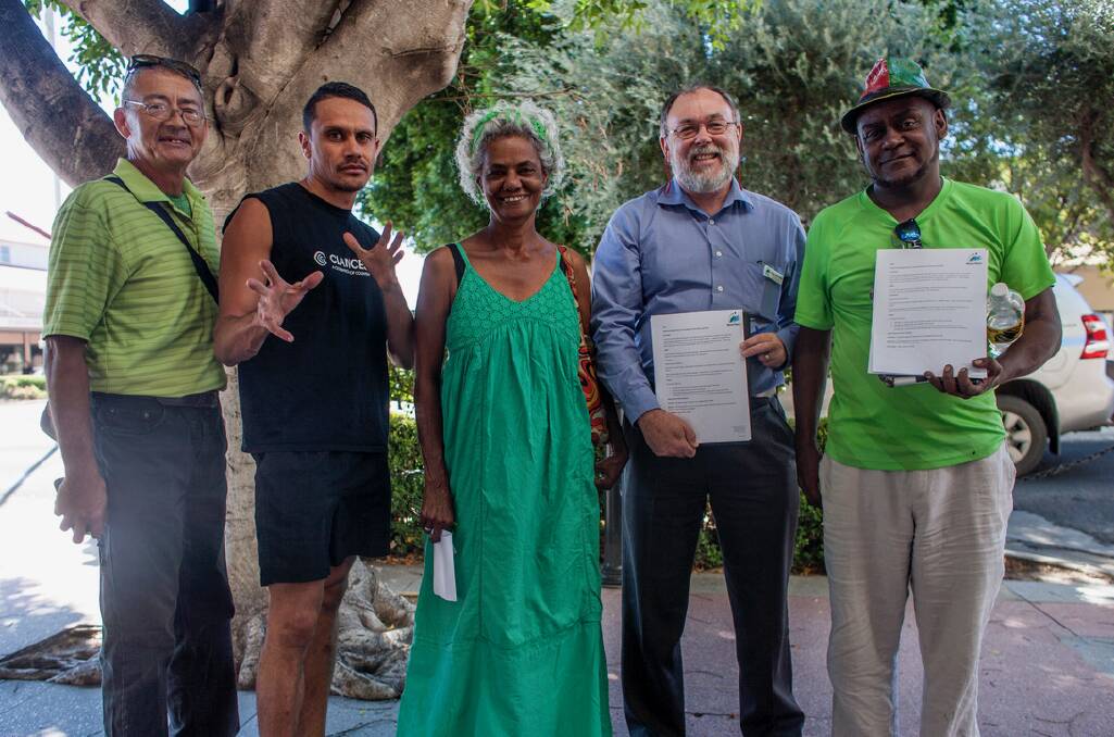 MAKING HISTORY: Greg Hoy, Buddy Hippi, Polly Atmore, Council's Angus Witherby and Paul Spearim have been working together on the MoU. Photo: Lisa Hogben
