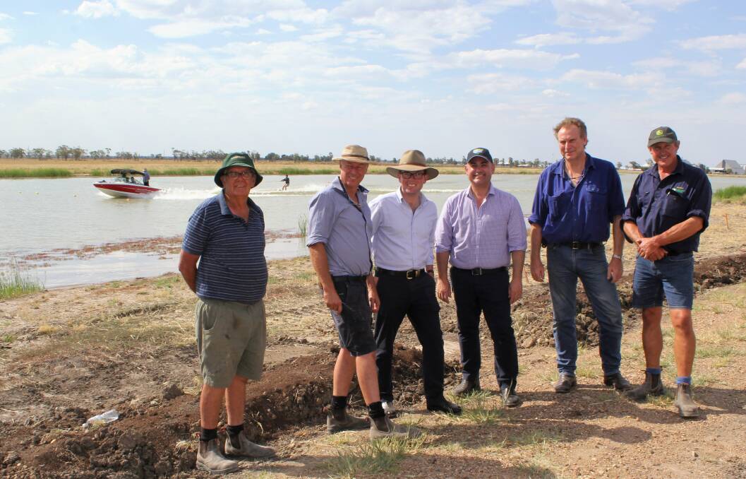 Moree Water Ski Club members Colin Arthur, president James von Drehnen, Guy Braybrook (second from right) and Stephen Bingham (right) show off Moree Water Park to Adam Marshall and Deputy Premier John Barilaro.