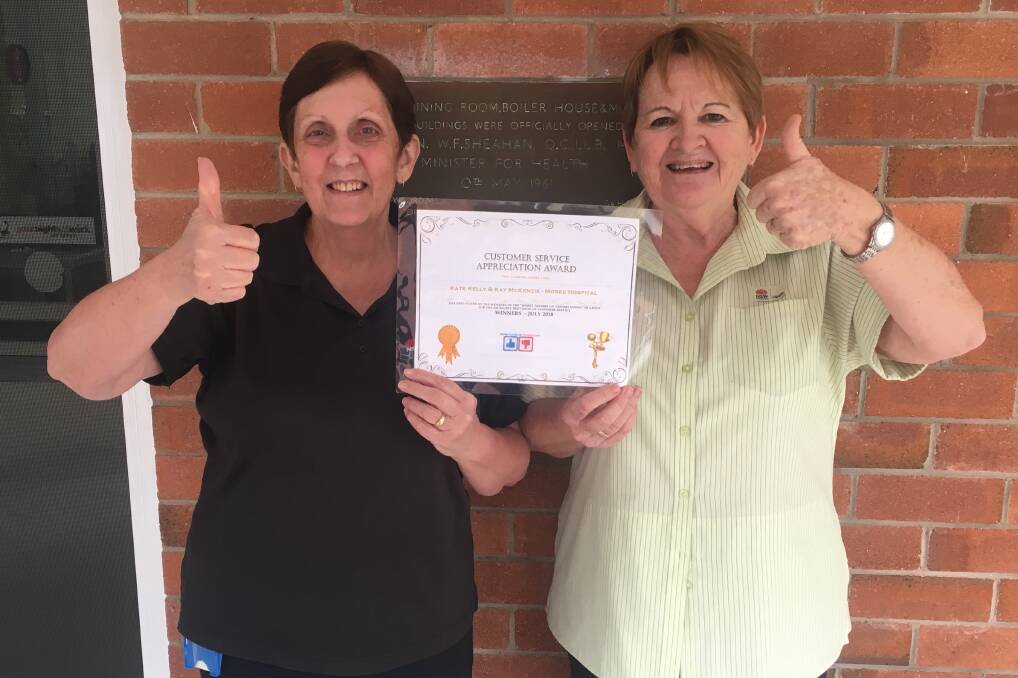 THUMBS UP: Kate Kelly and Kay McKenzie were recently presented with the Moree Thumbs Up Thumbs Down July 2018 Customer Service Appreciation Award for the work they do in the Moree Hospital kitchen.