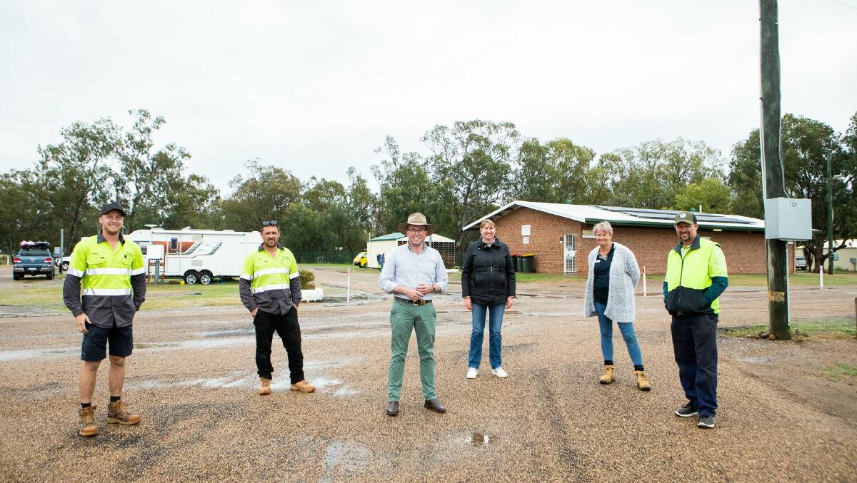 On a road to bigger things at Moree Showground, contractors from Plan A Electrical Daniel Heffernan and Sam Topscott, Northern Tablelands MP Adam Marshall, NSW Crown Lands Michelle Chittenden, Moree Showground manager Anne Girling and road contractor Croydon Thorburn inspect the new internal bitumen roads. Photo: supplied