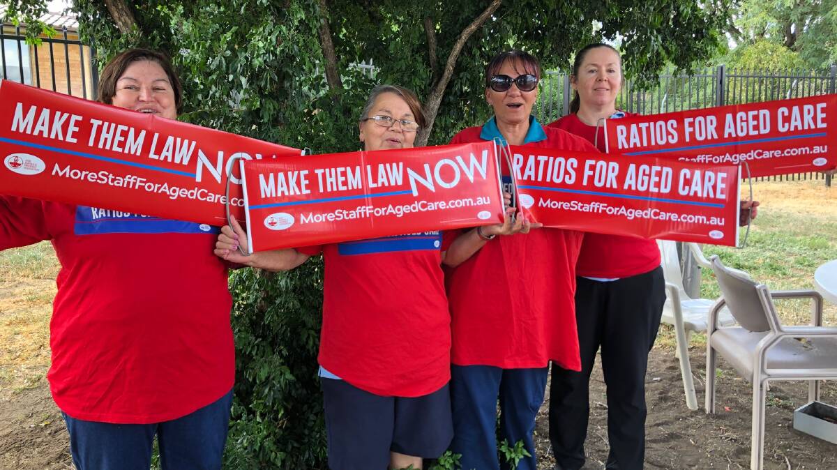 Moree aged care nurses and NSWNMA members Maree Wiseman, Robin Bryans, Maria Cory and Kerri Bartlett support the calls for staffing ratios to be legislated in aged care. Photo: Jane Campbell