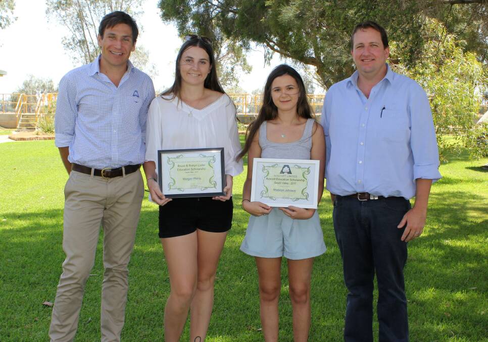 Auscott Gwydir Valley grower services rep Ben Jackman and general manager Sean Boland with the two scholarhsip winners, Morgan Phillis and Madelyn Johnson.