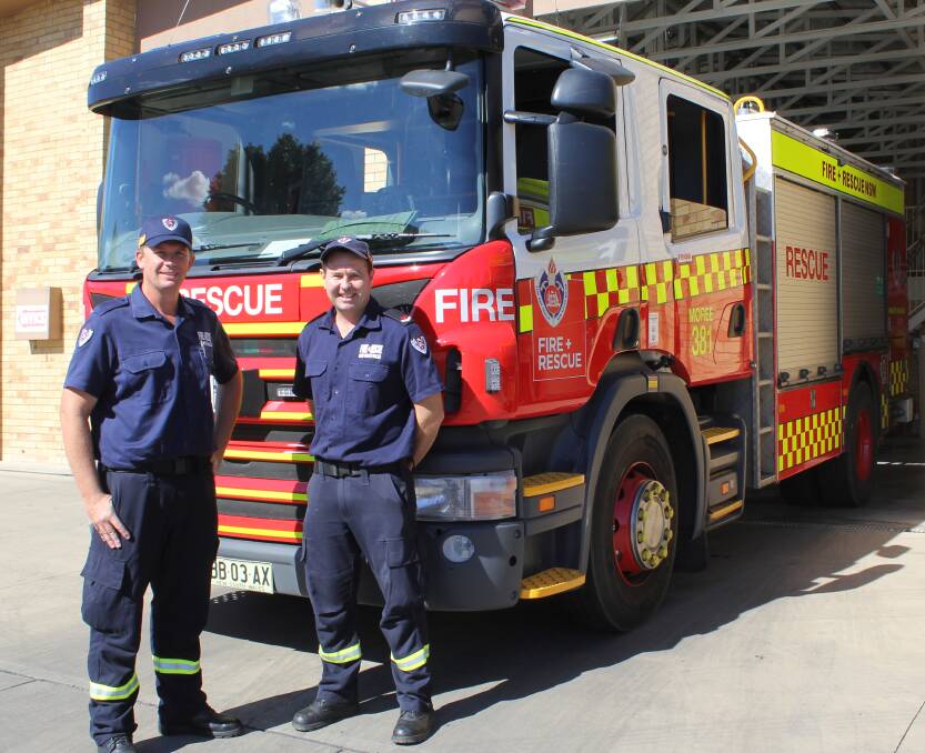 NEW RECRUIT: Robert O'Brien (left) had his first day on the job as a permanent firefighter at Moree Fire Station on Monday. He is pictured with Moree's previous new recruit Warren Clark who has been a qualified firefighter for just under 12 months.