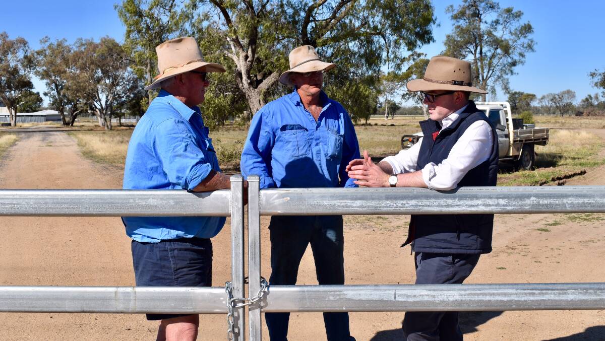 Northern Tablelands MP Adam Marshall, right, inspects new Boomi Sportsground upgrades with Reserve Trust secretary/treasurer John Oates, left, and chairman David Officer.