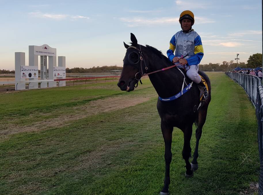 STAR PICNICKER: Ricky Blewitt brings Track Flash back to scale after winning the 2018 Boolooroo Cup at Moree picnics. Blewitt steadfastly maintains Track Flash is his favourite galloper but sadly the Narromine jockey wont be on board this year after being sidelined with multiple injuries from a shocking three-horse pile-up at Tomingley last month. Photo: Bill Poulos