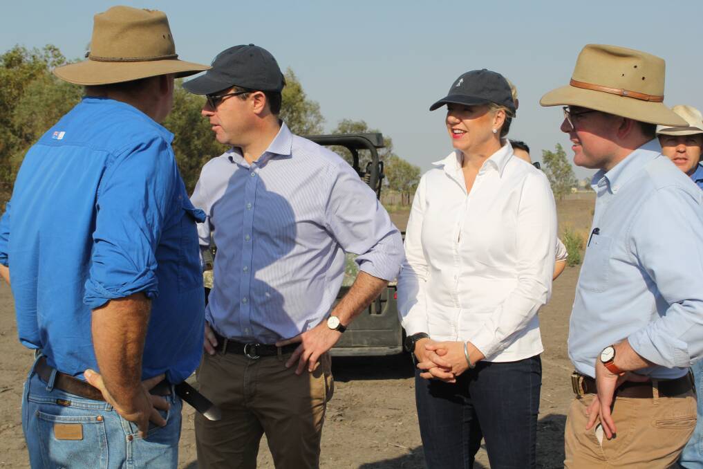 Moree farmer Daniel Reardon with federal ministers David Littleproud and Bridget McKenzie and NSW agriculture minister Adam Marshall during the ministers' visit on Tuesday.