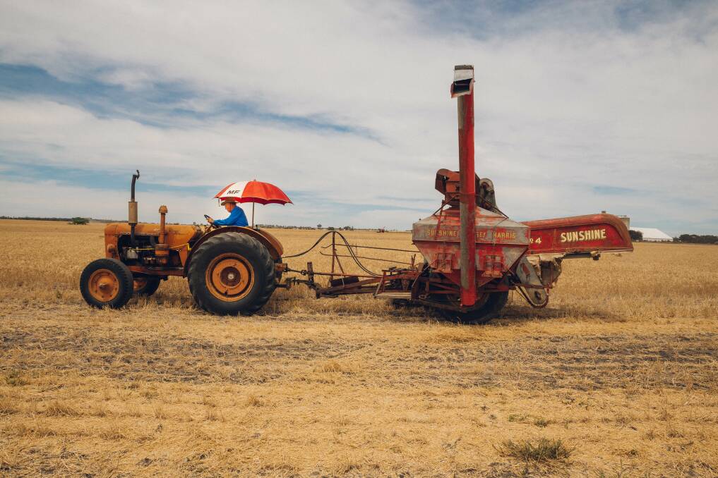 CLASSIC HARVEST: The Sunshine number 4 header harvester being towed by a 1950s Chamberlain Countryman tractor during last year's harvesting demonstration. Photo: Grace Cobb