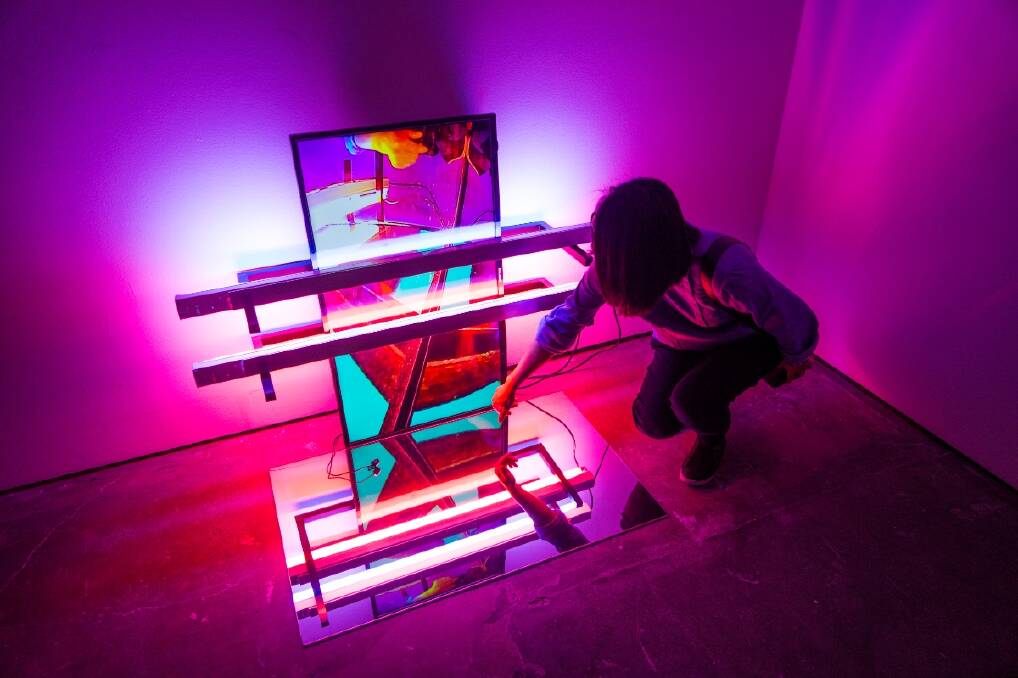 Bricks and Blocks 2016, LCD TV, video camera, fluorescent lights and mirror, Installation view, Dissonant Rhythms, Institute of Modern Art, 2017. Photo: Carl Warner