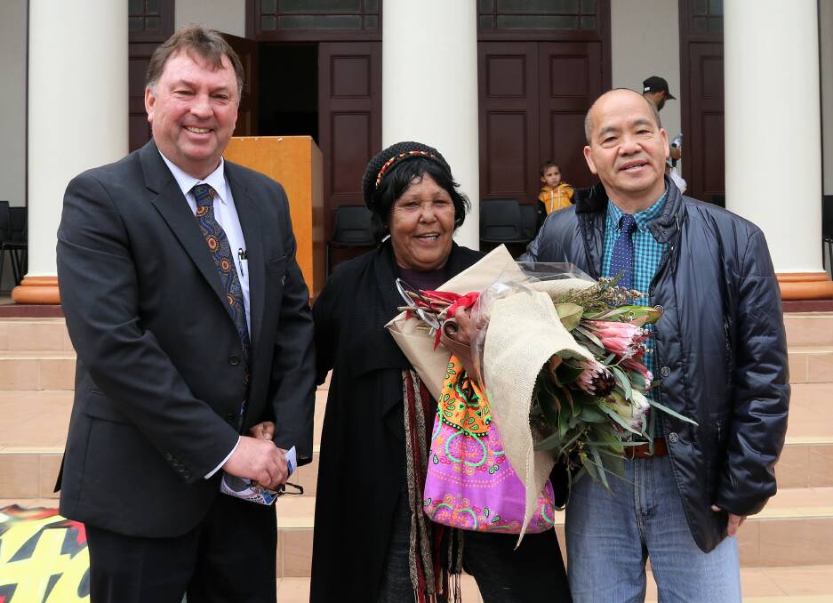 Moree Plains Shire Council general manager Lester Rodgers, Aboriginal elder Val Pitt and councillor George Chiu at Monday's official opening. Photo: contributed