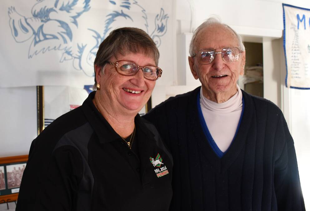 Alf Scott (right) and his daughter Susan Stafa at the Moree Boars centenary pop-up museum last year before Alf left Moree.