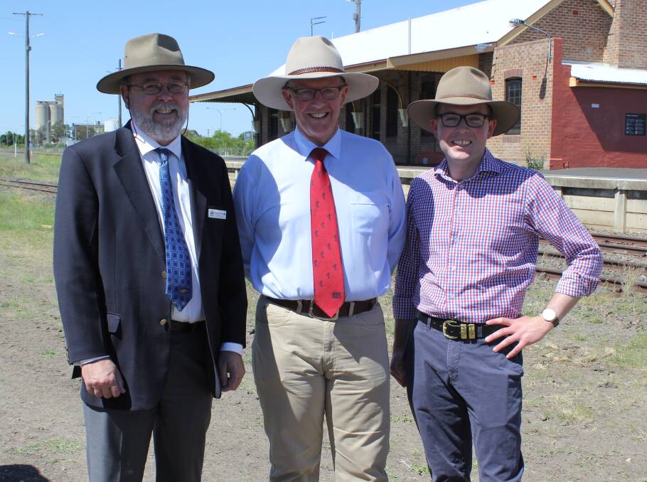 FUNDING WIN: Moree Plains Shire Council's director of planning and community development Angus Witherby with Federal Member for Parkes Mark Coulton and Northern Tablelands MP Adam Marshall at Moree Train Station.
